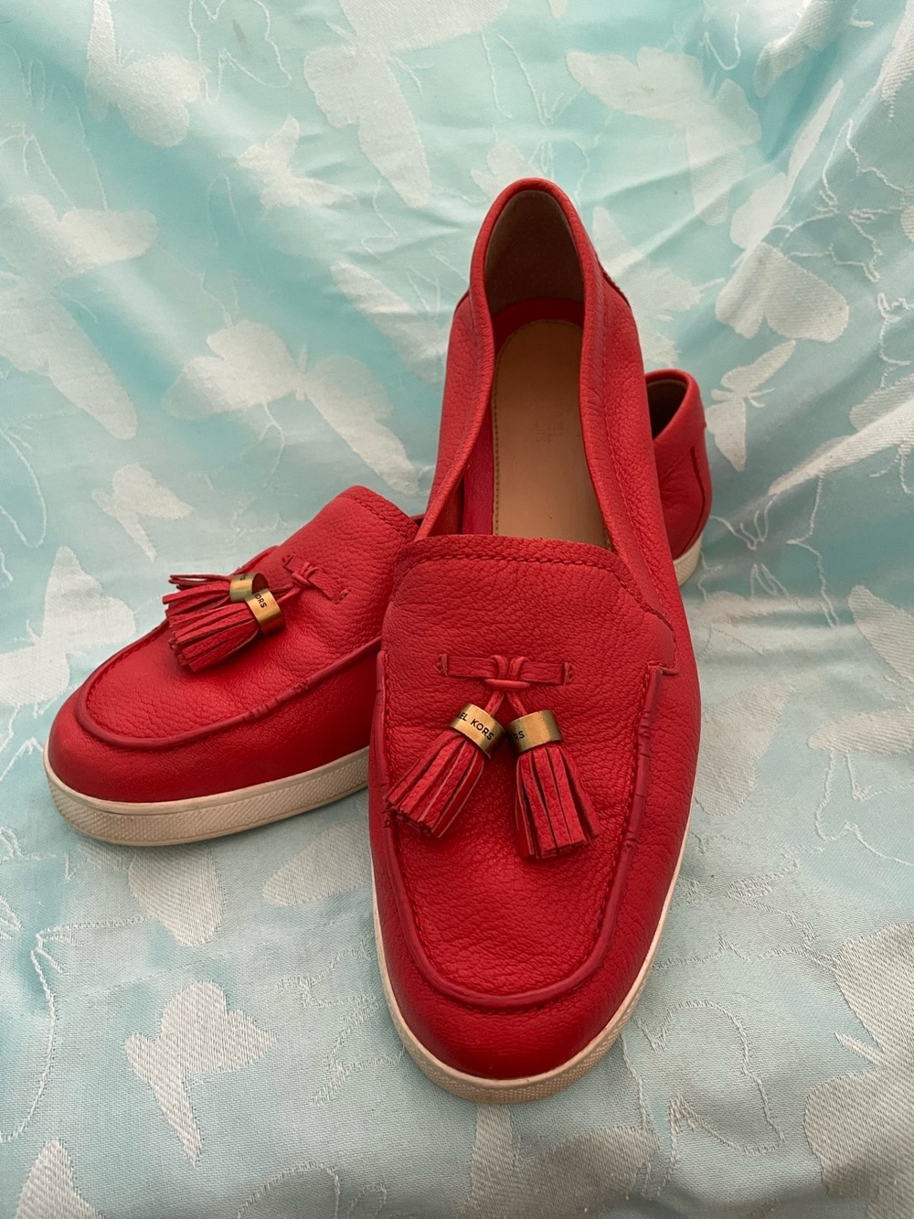 Michael Kors “Callahan” Coral Red Leather Tassel Moccasins Loafers Boat Shoes